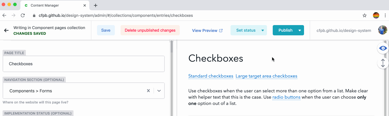 Screenshot showing how to publish Decap CMS changes